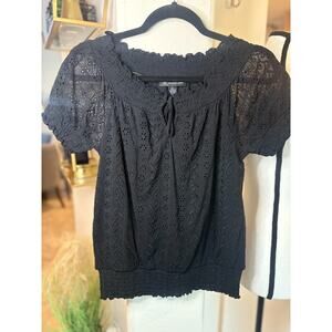 INC Macy's International Concepts Black Eyelet Babydoll Smock Waist Top Small